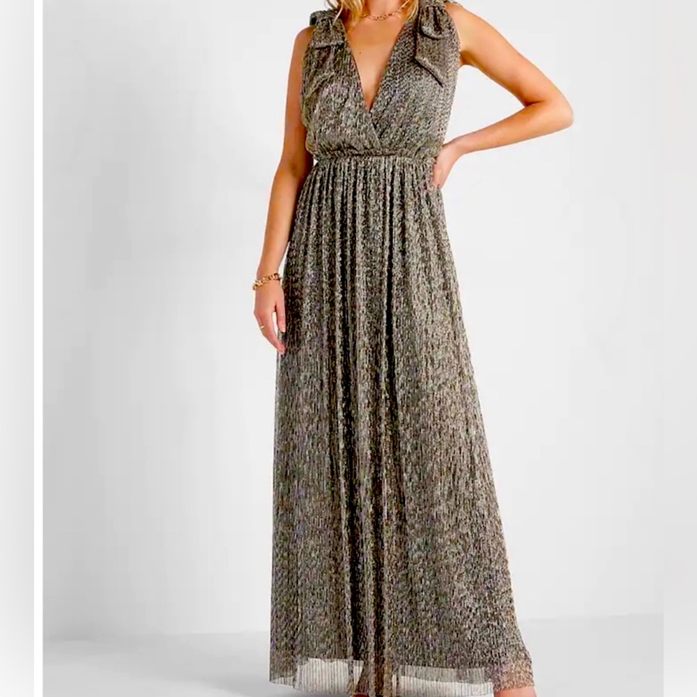 RACHEL ZOE X EXPRESS BLACK METALLIC TIE SHOULDER MAXI DRESS - Picture 1 of 7